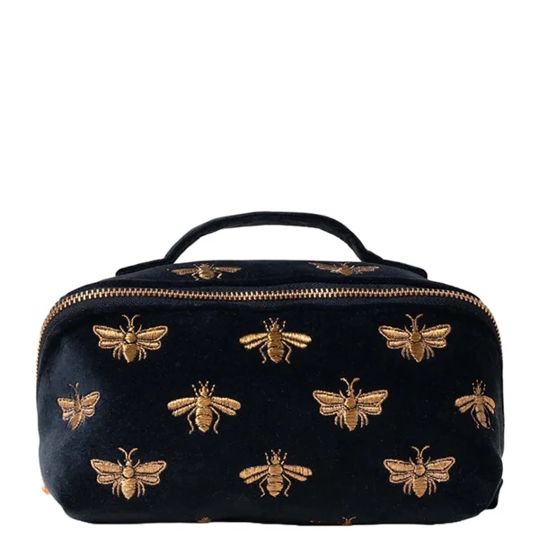 Elizabeth Scarlett Honey Bee Charcoal Velvet Open Flat Makeup Bag