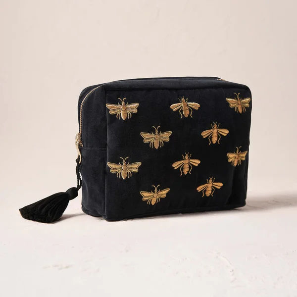 Elizabeth Scarlett Honey Bee Charcoal Velvet Wash Bag