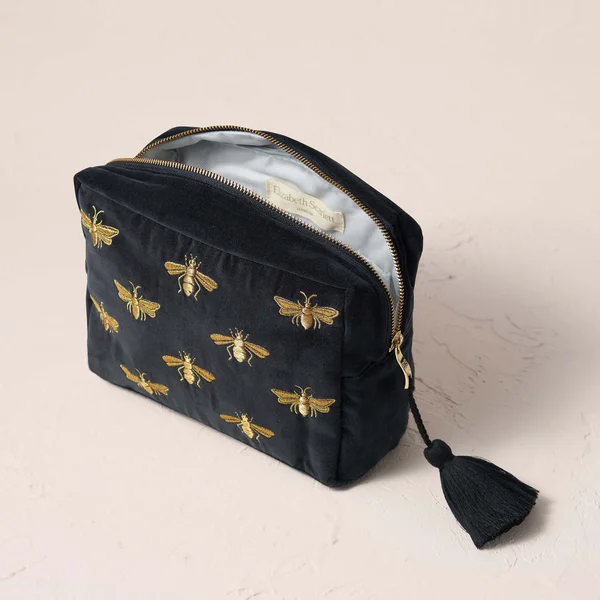 Elizabeth Scarlett Honey Bee Charcoal Velvet Wash Bag