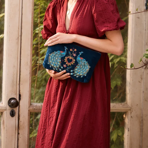 Elizabeth Scarlett Peacock Floral Ink Blue Velvet Everyday Pouch