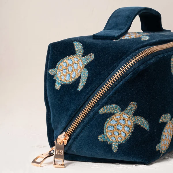 Elizabeth Scarlett Turtle Conservation Marine Navy Velvet Open Flat Makeup Bag