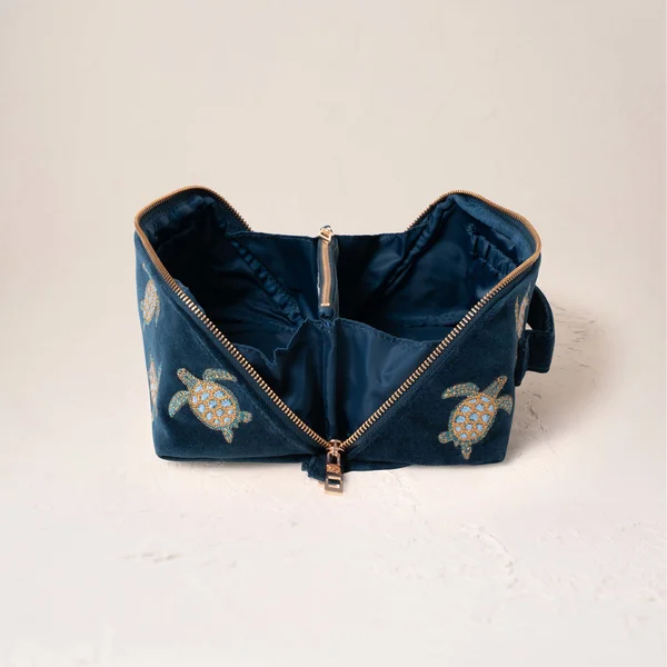 Elizabeth Scarlett Turtle Conservation Marine Navy Velvet Open Flat Makeup Bag