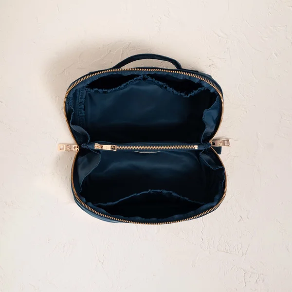 Elizabeth Scarlett Turtle Conservation Marine Navy Velvet Open Flat Makeup Bag
