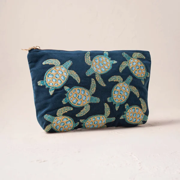 Elizabeth Scarlett Turtle Conservation Marine Navy Velvet Everyday Pouch