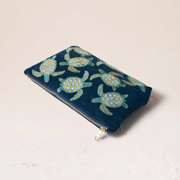 Elizabeth Scarlett Turtle Conservation Marine Navy Velvet Everyday Pouch