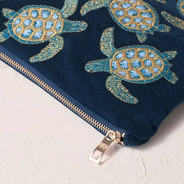 Elizabeth Scarlett Turtle Conservation Marine Navy Velvet Everyday Pouch
