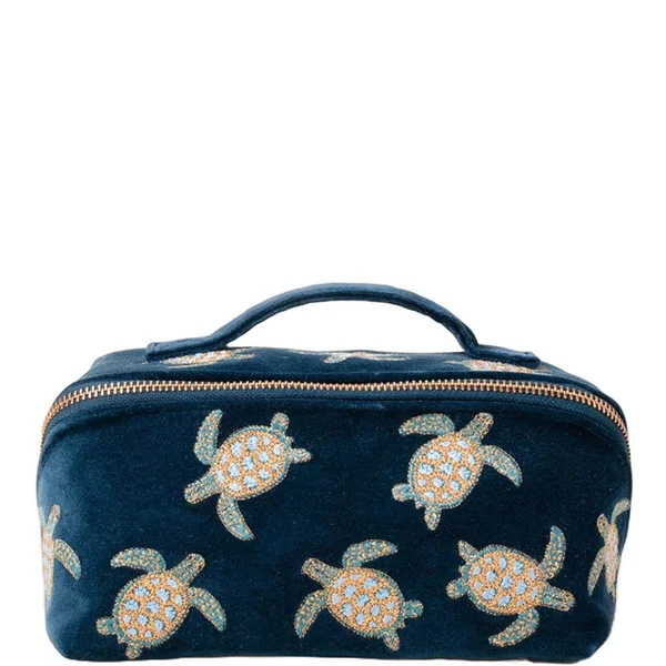 Elizabeth Scarlett Turtle Conservation Marine Navy Velvet Open Flat Makeup Bag