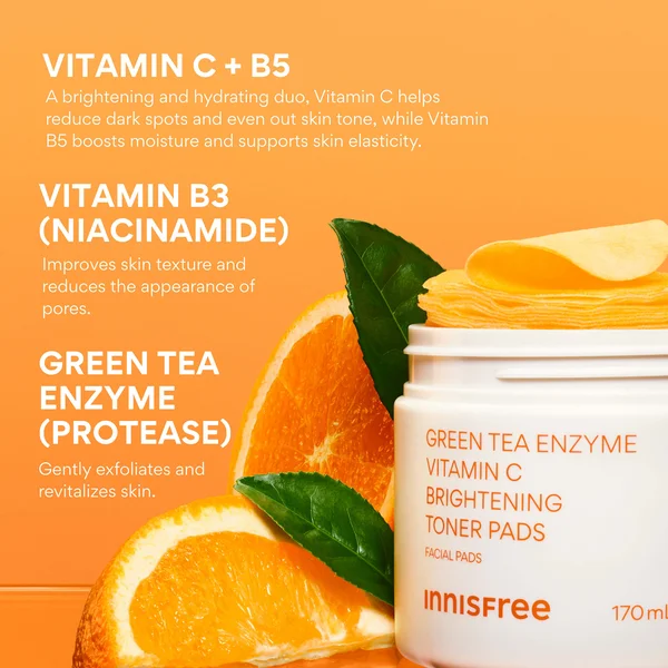 INNISFREE Green Tea Enzyme Vitamin C Brightening Toner Pads - 60 Pads