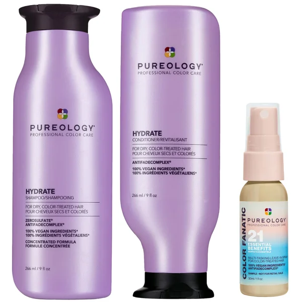 Pureology Hydrate Shampoo 266ml Conditioner 266ml and Color Fanatic Spray Travel Size 30ml For Dry Hair Bundle