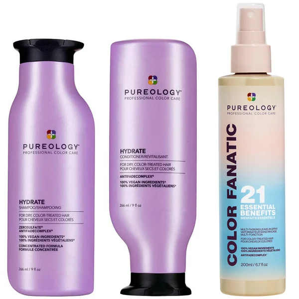 Pureology Hydrate Shampoo Conditioner and Color Fanatic Multi-Benefit Leave-in Moisturising Bundle for Dry Hair