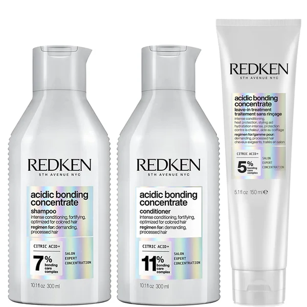 Redken Acidic Bonding Concentrate Shampoo 300ml Conditioner 300ml and Leave-In Treatment 150ml Bond Repair Bundle