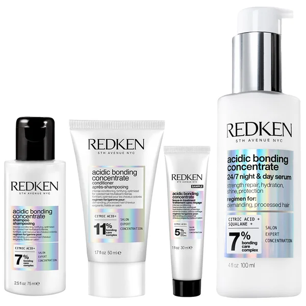 Redken Acidic Bonding Concentrate Shampoo 75ml Conditioner 50ml Leave-in Treatment 30ml and 24/7 Night and Day Serum 100ml