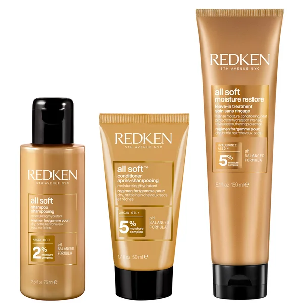 Redken All Soft Shampoo 75ml Conditioner 30ml and Leave-in Treatment 150ml Bundle for Dry and Brittle Hair (Worth £33.82)