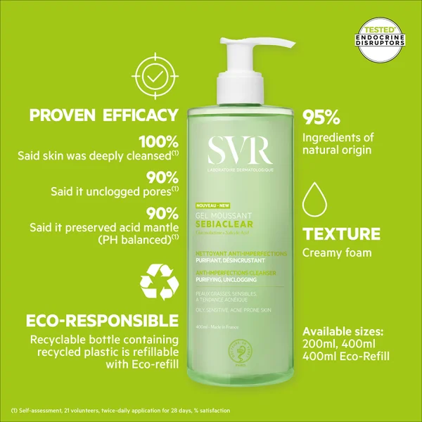 SVR SEBIACLEAR Foaming Purifying Soap-Free Salicylic Acid Face & Body Cleanser For Oily Acne-Prone Combination Skin 400ml