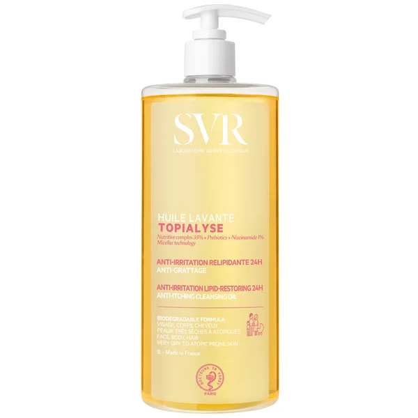 SVR TOPIALYSE 24hr Hydrating Soothing Eczema Face & Body Micellar Shower Oil for Very Dry Sensitive Skin All Ages 1L
