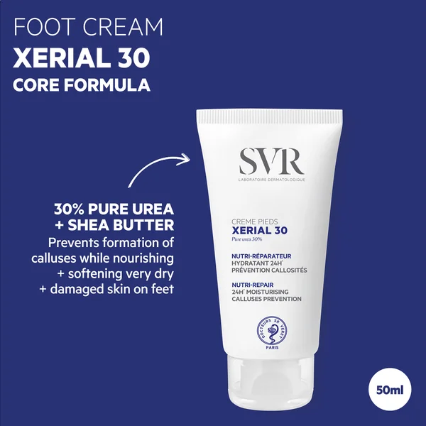SVR XERIAL 30 24hr Hydration Pure Urea Foot Maintenance Cream For Dry Scaly Rough Skin Prone To Corns And Calluses 50ml