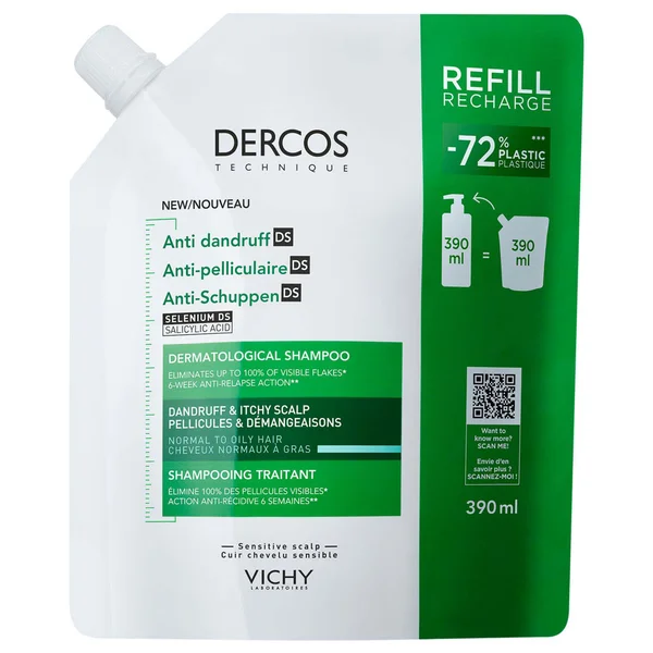 Vichy Dercos Anti-Dandruff Dermatological Shampoo for Normal to Oily Hair 390ml Refill