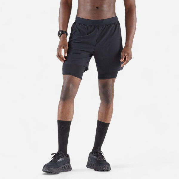 Decathlon Kiprun Men's Run 500 2-in-1 Compression Running Shorts Smoked Black