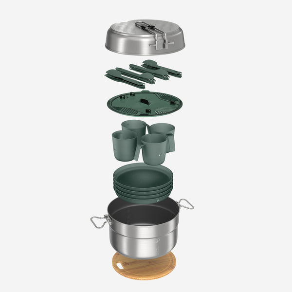 Decathlon Quechua 500 Stainless Steel Nonstick Camping Cookset – 25-Piece for 4 People Dark Green Gray