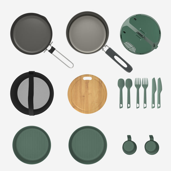 Decathlon Quechua Stainless Steel Non-stick Camping Cookset 500 For 2 People - 15-piece Dark Green Gray