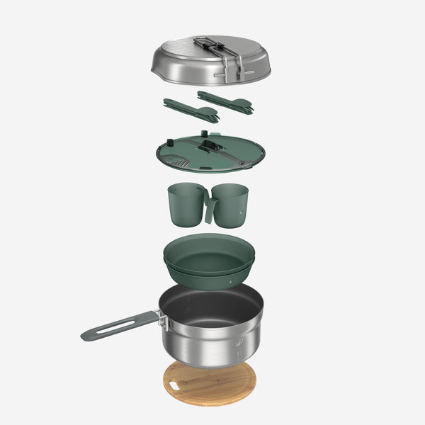 Decathlon Quechua Stainless steel non-stick camping cookset 500 for 2 people - 15-piece Dark Green Gray
