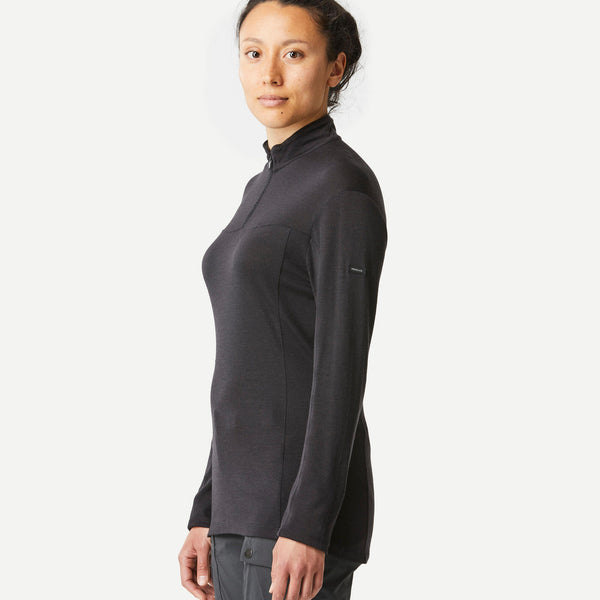 Decathlon Simond Women's Long-sleeved Merino Zipped Neck T-shirt - MT500 Black