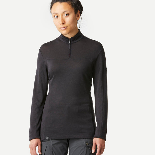 Decathlon Simond Women's Long-sleeved Merino Zipped Neck T-shirt - MT500 Black