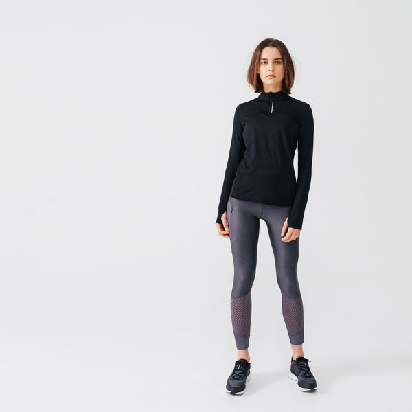 Decathlon Women's 100 Long-Sleeved Half-Zip Running T-shirt Smoked Black