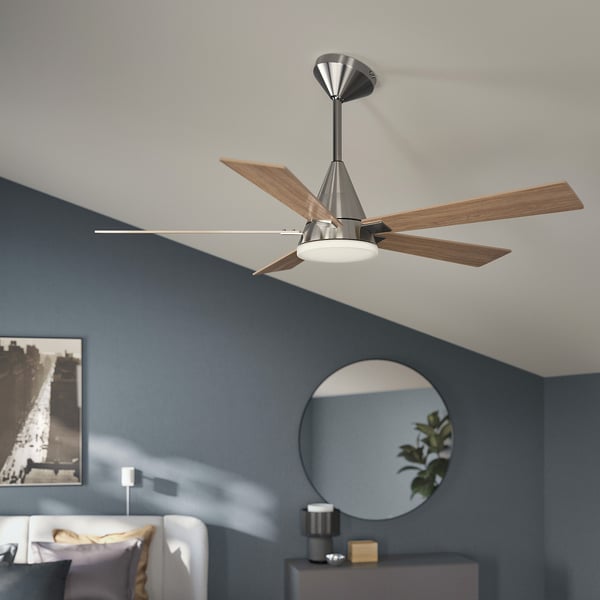 IKEA AKTERTOFTER / BRUNALGER Ceiling Fan W Extension Downrod Wood Effect Silver Color