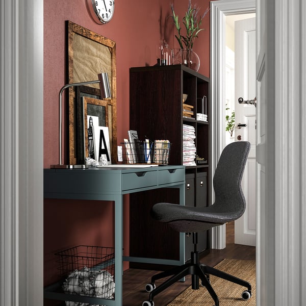 IKEA ALEX/LÅNGFJÄLL / KALLAX Desk And Storage Combination And Swivel Chair Gray-turquoise/black