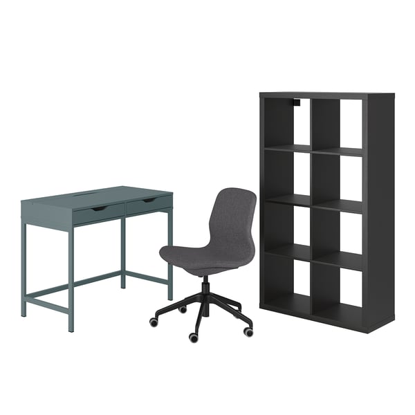 IKEA ALEX/LÅNGFJÄLL / KALLAX Desk and storage combination and swivel chair gray-turquoise/black
