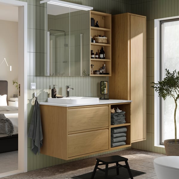 IKEA ÄNGSJÖN / BACKSJÖN Bathroom Vanity With Sink & Faucet Oak Effect/white Marble Effect 49x21 1/2x28 1/4 "