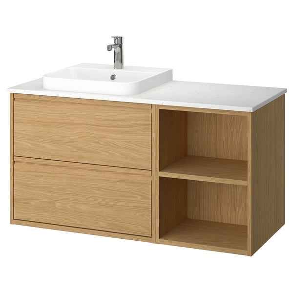 IKEA ÄNGSJÖN / BACKSJÖN Bathroom vanity with sink & faucet oak effect/white marble effect 49x21 1/2x28 1/4 "