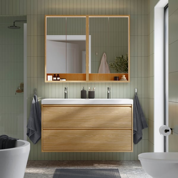 IKEA ÄNGSJÖN / BACKSJÖN Bathroom Vanity With Sink & Faucets Oak Effect 48 1/8x21x27 1/2 "