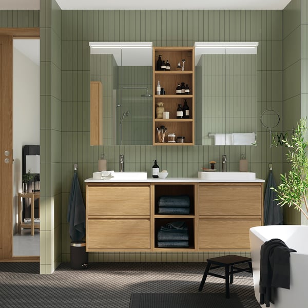 IKEA ÄNGSJÖN / BACKSJÖN Double Vanity With Sink & Faucet Oak Effect/white Marble Effect 67x21 1/2x28 1/4 "