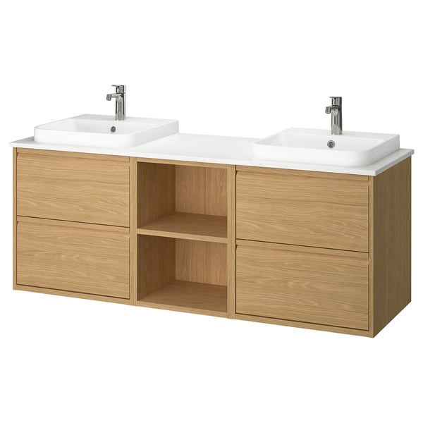 IKEA ÄNGSJÖN / BACKSJÖN Double vanity with sink & faucet oak effect/white marble effect 67x21 1/2x28 1/4 "