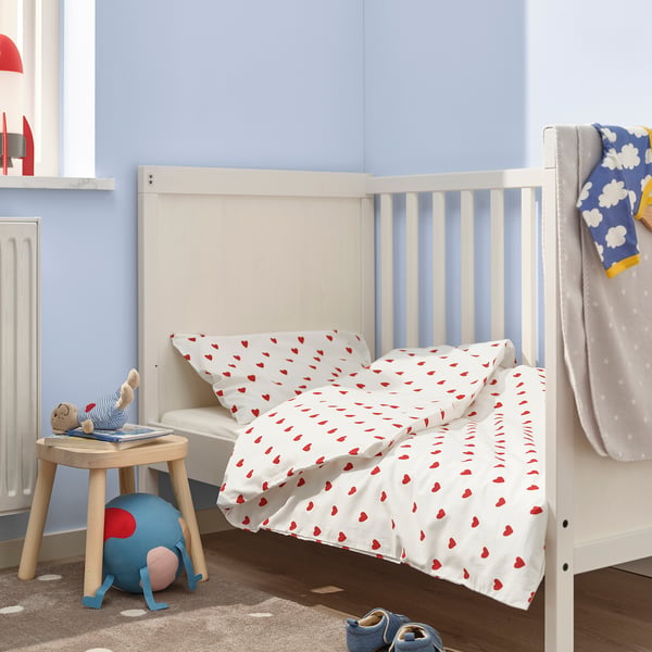 IKEA BARNDRÖM Duvet Cover 1 Pillowcase F Crib Heart Pattern/white Red 43 1/4x49 1/4/13 3/4x21 5/8 "