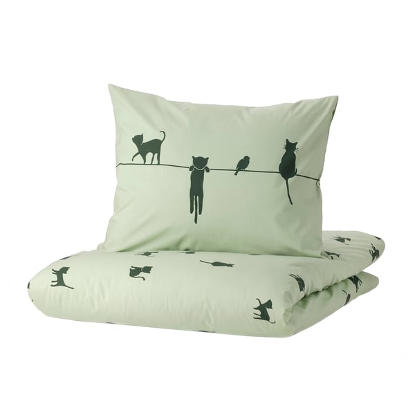 IKEA BARNDRÖM Duvet cover and pillowcase(s) cat pattern/green Twin