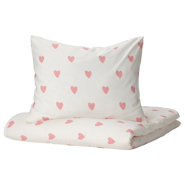 IKEA BARNDRÖM Duvet cover and pillowcase(s) heart pattern white/pink Twin