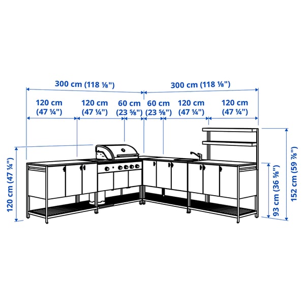 IKEA BÅTSKÄR Outdoor Kitchen W Gas Bbq+sink Unit Dark Gray 118 1/8x118 1/8 "