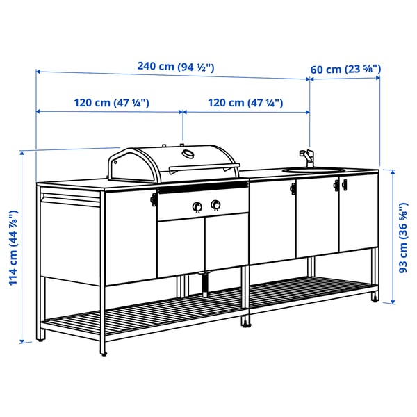 IKEA BÅTSKÄR Outdoor Ktchn W Chrcl Bbq+sink Unit Dark Gray 94 1/2x23 5/8 "