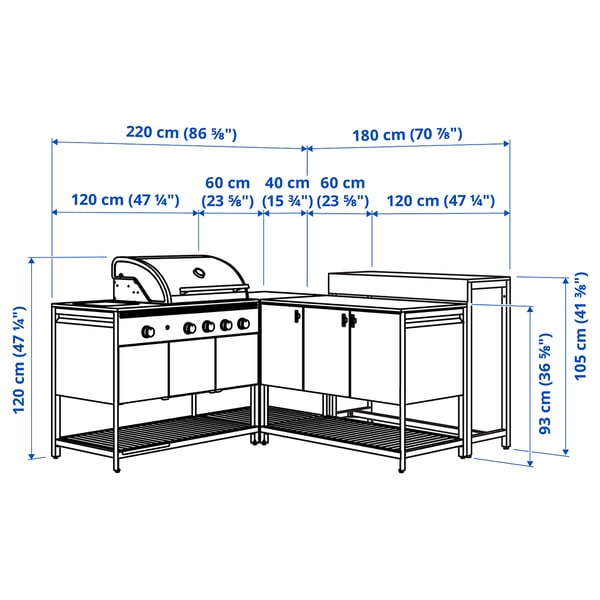 IKEA BÅTSKÄR Outdoor Ktchn W Gas Bbq+bar Table Dark Gray 86 5/8x70 7/8 "