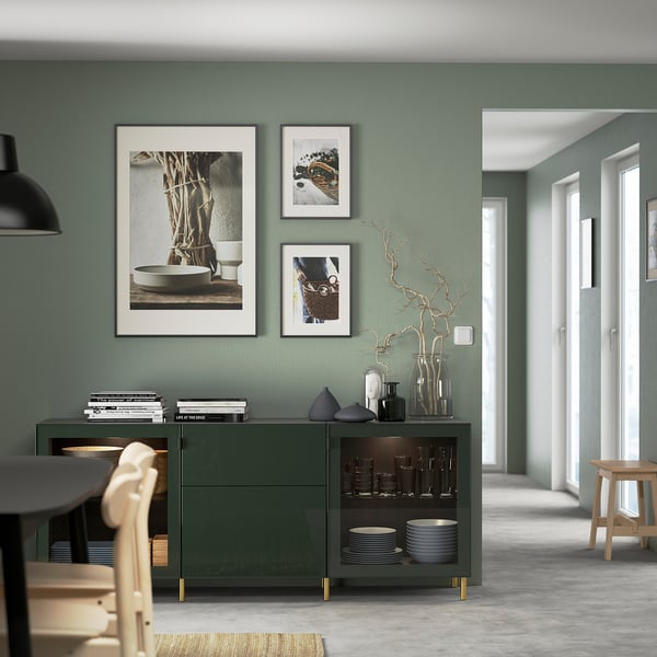 IKEA BESTÅ Storage Combination With Drawers Black-brown Selsviken/Ösarp/dark Olive-green Clear Glass 70 7/8x16 1/2x29 1/8 "