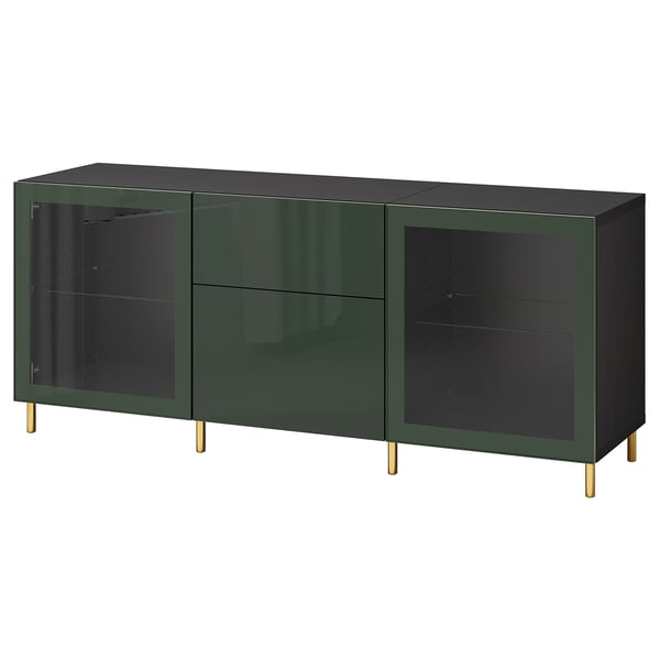 IKEA BESTÅ Storage combination with drawers black-brown Selsviken/Ösarp/dark olive-green clear glass 70 7/8x16 1/2x29 1/8 "