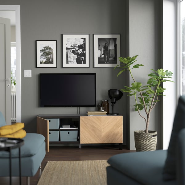 IKEA BESTÅ TV Bench With Doors Black-brown/Hedeviken/Stubbarp Oak Veneer 47 1/4x16 1/2x18 7/8 "