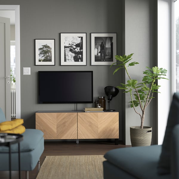 IKEA BESTÅ TV Bench With Doors Black-brown/Hedeviken/Stubbarp Oak Veneer 47 1/4x16 1/2x18 7/8 "
