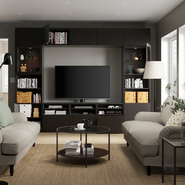 IKEA BESTÅ TV Storage Combination/glass Doors Black-brown/Lappviken Black-brown Clear Glass 118 1/8x16 1/2x91 "