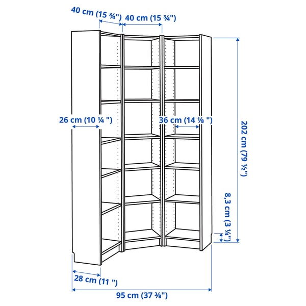 IKEA BILLY Bookcase Combination/crn Solution White 37 3/8/37 3/8x11x79 1/2 "