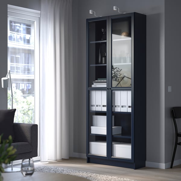 IKEA BILLY Bookcase With Glass Doors Dark Blue 31 1/2x11 3/4x79 1/2 "