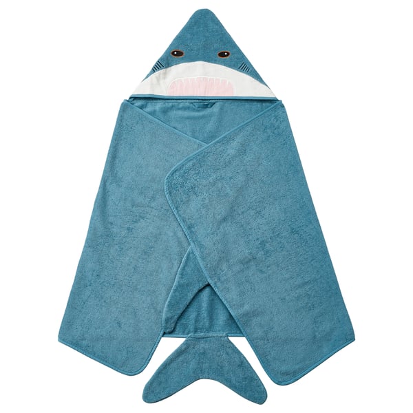 IKEA BLÅVINGAD Towel with hood shark-shaped/blue-gray 28x55 "